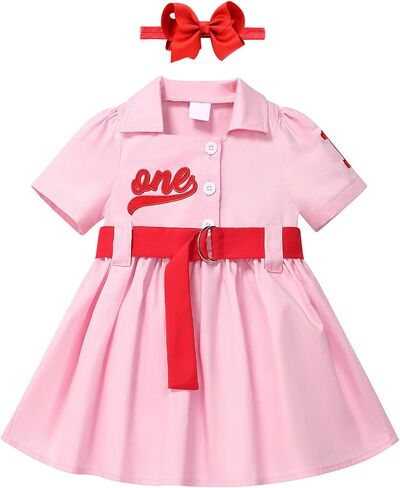 AWIBMK Baby Girls 1st Birthday Dress Baseball Themed Button Dress with Belt Headband Photoshoot Cake Smash Outfits in Saudi Arabia