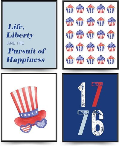 المطبوعات الفنية في يوم الاستقلال اليدوية - مجموعة من 4 ملصقات غير متطورة في 4 يوليو مع الأكمام الممتازة الممتازة ، 8 × 10 بوصة ديكور صور للغرفة HB04 in Kuwait