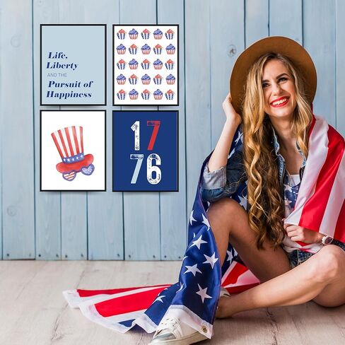 المطبوعات الفنية في يوم الاستقلال اليدوية - مجموعة من 4 ملصقات غير متطورة في 4 يوليو مع الأكمام الممتازة الممتازة ، 8 × 10 بوصة ديكور صور للغرفة HB04 in Kuwait