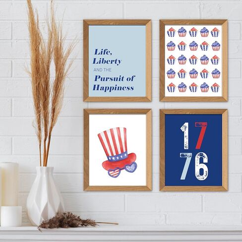 المطبوعات الفنية في يوم الاستقلال اليدوية - مجموعة من 4 ملصقات غير متطورة في 4 يوليو مع الأكمام الممتازة الممتازة ، 8 × 10 بوصة ديكور صور للغرفة HB04 in Kuwait