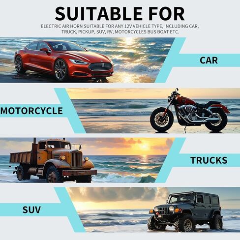 12V Black Waterproof Truck Horn with Compressor,150dB Integrated Dual Tube High/Low Tone Air Horn kit for Car/Motorcycle/Trucks/Pickup/SUV/Van/Lorries/Boats in Kuwait