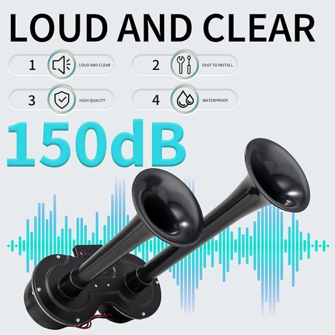 12V Black Waterproof Truck Horn with Compressor,150dB Integrated Dual Tube High/Low Tone Air Horn kit for Car/Motorcycle/Trucks/Pickup/SUV/Van/Lorries/Boats in Kuwait