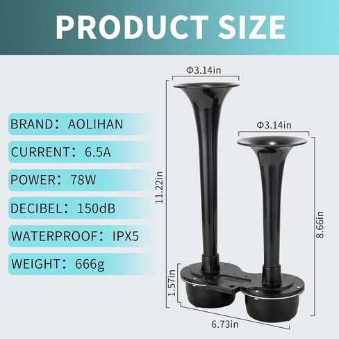 12V Black Waterproof Truck Horn with Compressor,150dB Integrated Dual Tube High/Low Tone Air Horn kit for Car/Motorcycle/Trucks/Pickup/SUV/Van/Lorries/Boats in Kuwait
