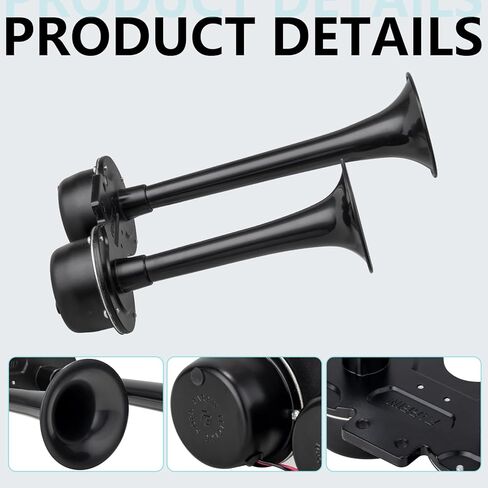 12V Black Waterproof Truck Horn with Compressor,150dB Integrated Dual Tube High/Low Tone Air Horn kit for Car/Motorcycle/Trucks/Pickup/SUV/Van/Lorries/Boats in Kuwait