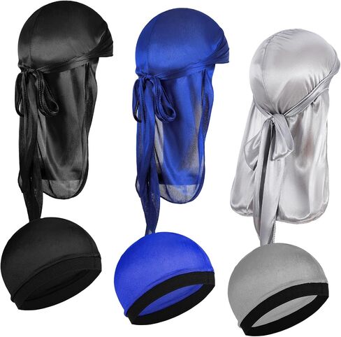 6 Pcs Kids Silky Durag with Wave Caps Set Kids Polyester Durags Head Wrap Unisex Baby Durags Long Tail and Wide Strap Headwraps Turban Beanies for Boy Toddler Girls (Black, Blue, Silver) in Saudi Arabia