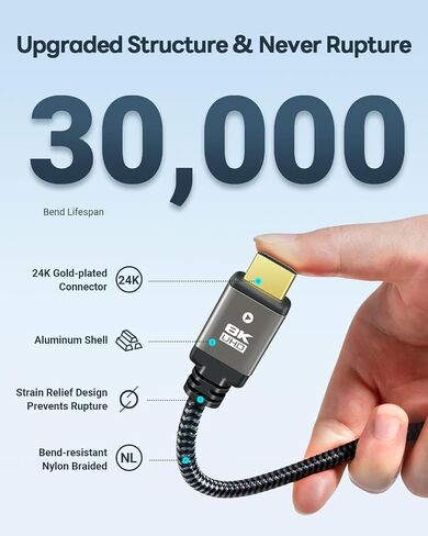 10K 8K HDMI 2.1 Cable 7 FT, Ultra High Speed HDMI Cord Certified, Braided 8K60Hz 4K240Hz 4K120Hz eARC HDR10 4:4:4 HDCP 2.2&2.3 DTS:X, Compatible for Laptop, Monitor, 8K TV,HDTV,PS5,Sound Bar, Grey in Kuwait