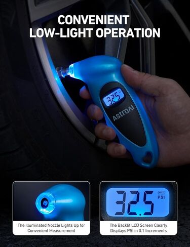 AstroAI Tire Pressure Gauge Digital 0-150PSI (Accurate in 0.1 Increments), 4 Settings Stocking Stuffers for Car Truck Bicycle with Backlight LCD and Presta Valve Adaptor, Sliver in Kuwait