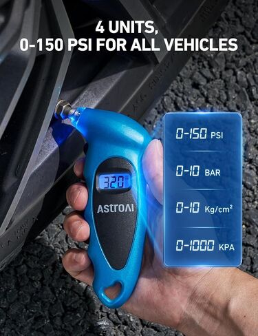 AstroAI Tire Pressure Gauge Digital 0-150PSI (Accurate in 0.1 Increments), 4 Settings Stocking Stuffers for Car Truck Bicycle with Backlight LCD and Presta Valve Adaptor, Sliver in Kuwait