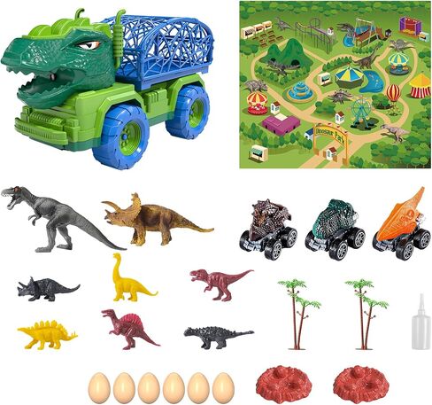 TEMI Dinosaur Truck Toys for Kids 3-5 Years, Tyrannosaurus Transport Car Carrier Truck with 8 Dinosaur Figures, Activity Play Mat, Dinosaur Eggs, Trees, Capture Jurassic Play Set for Boys and Girls in Saudi Arabia