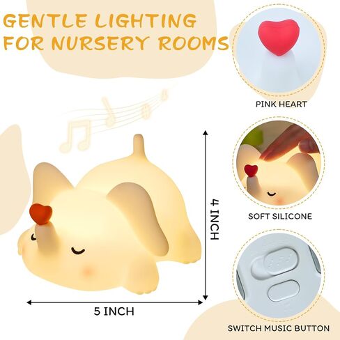 Elephant Night Light for Kids with Music - Squishy Silicone Nursery Lamp, Cute Animal Light 3-Level Dimmable & Rechargeable for Baby Bedroom in Saudi Arabia