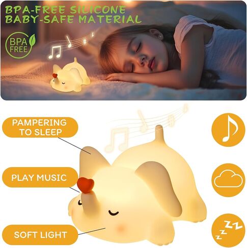 Elephant Night Light for Kids with Music - Squishy Silicone Nursery Lamp, Cute Animal Light 3-Level Dimmable & Rechargeable for Baby Bedroom in Saudi Arabia