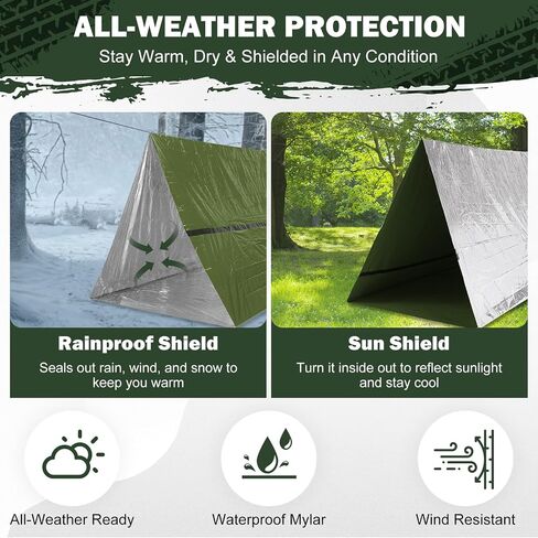 Emergency Survival Tent Life Shelter - 2 Person Mylar Emergency Shelter Tube Tent with Emergency Whistle & Paracord, All-Weather Essential Survival Gear for Camping, Hiking, & Survival Kits in Saudi Arabia