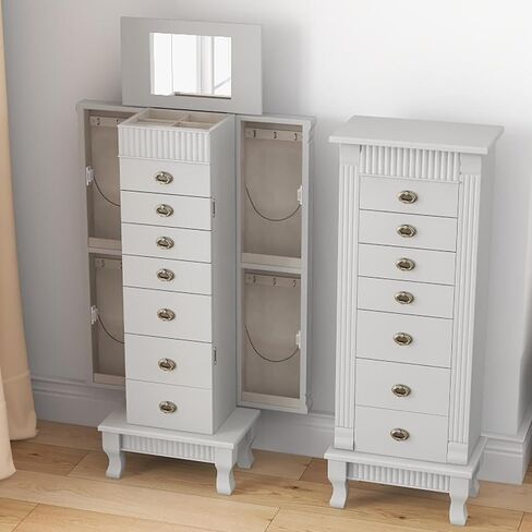 Giantex Standing Jewelry Armoire Cabinet Storage Chest with 7 Drawers, 2 Side Doors, 12 Necklace Hooks, Makeup Mirror and Top Divided Storage Organizer, Large Standing Jewelry Armoire in Saudi Arabia