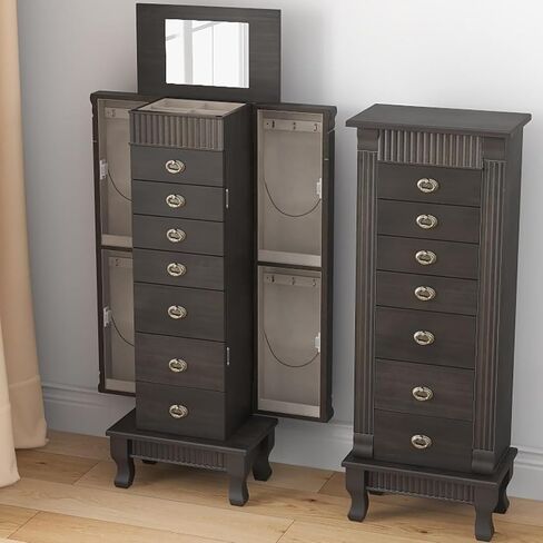 Giantex Standing Jewelry Armoire Cabinet Storage Chest with 7 Drawers, 2 Side Doors, 12 Necklace Hooks, Makeup Mirror and Top Divided Storage Organizer, Large Standing Jewelry Armoire in Saudi Arabia