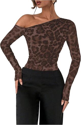 Gorglitter Women's Mesh Cheetah Leopard اطبع كتف واحد من أعلى in Kuwait