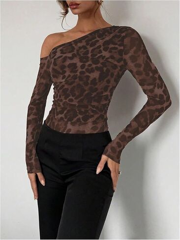Gorglitter Women's Mesh Cheetah Leopard اطبع كتف واحد من أعلى in Kuwait