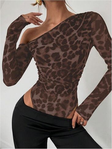 Gorglitter Women's Mesh Cheetah Leopard اطبع كتف واحد من أعلى in Kuwait