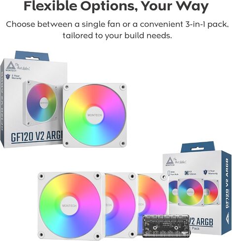 MONTECH GF120 V2 ARGB 120mm Case Fan – Sleek & Minimalist Design, High Airflow, Hydraulic Bearing, Quiet Performance, Vibrant ARGB Lighting, 3 in 1 Pack with 6X6 Fan Hub,Black in Kuwait