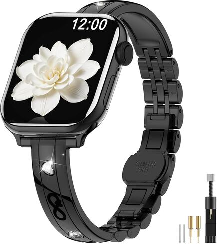 نطاقات رقيقة من الفولاذ المقاوم للصدأ متوافقة مع Apple Watch 38mm 40mm 41mm 42mm (سلسلة 11/10) للنساء ، حزام المعادن الأنيق الماس لسلسلة Iwatch 9 8 7 6 5 4 3 2 1 Se3/2/1 ، Silver in Kuwait