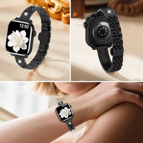 نطاقات رقيقة من الفولاذ المقاوم للصدأ متوافقة مع Apple Watch 38mm 40mm 41mm 42mm (سلسلة 11/10) للنساء ، حزام المعادن الأنيق الماس لسلسلة Iwatch 9 8 7 6 5 4 3 2 1 Se3/2/1 ، Silver in Kuwait