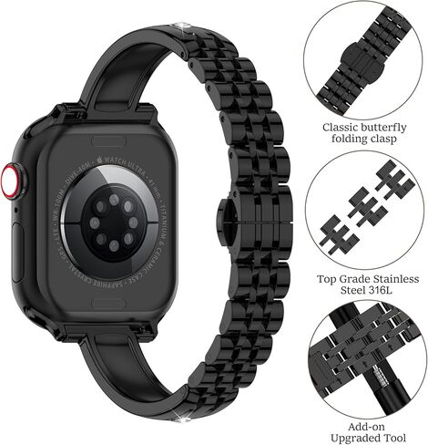 نطاقات رقيقة من الفولاذ المقاوم للصدأ متوافقة مع Apple Watch 38mm 40mm 41mm 42mm (سلسلة 11/10) للنساء ، حزام المعادن الأنيق الماس لسلسلة Iwatch 9 8 7 6 5 4 3 2 1 Se3/2/1 ، Silver in Kuwait