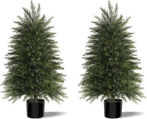 4FT Artificial Cedar Trees Set of 2, Realistic Faux Evergreen Topiary Bushes Plants, Outdoor Potted Fake Cypress Shrubs for Front Porch Garden Home Living Room Decor in Saudi Arabia