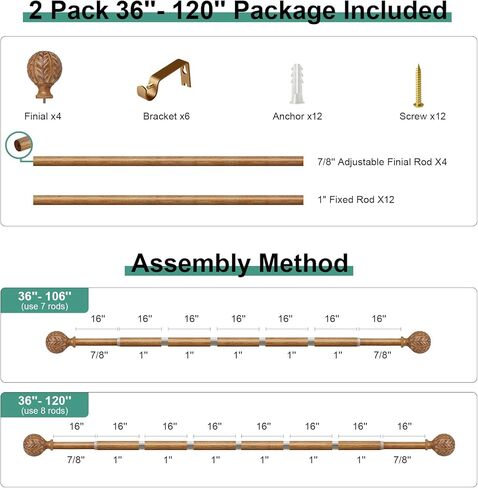 2 قضبان الستار الخشبية للنوافذ من 48 إلى 84 بوصة ، 1 '' 'قضبان قابلة للتعديل قضبان الزخرفة مع نمط أوراق الحبوب الخشبية المقلدة ، قضبان ستارة النوافذ الثقيلة بوهو 36' '-88' ' in Kuwait