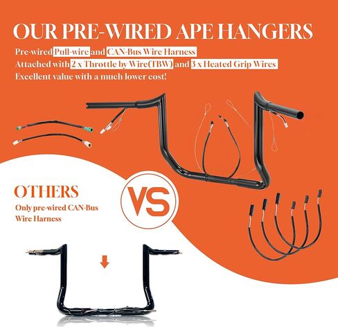 14" Rise Ape Hangers Handlebars for Harley 2014-2023 Street Glide/Electra Glide/Ultra Limited 1.25" Meathook Bar Pre-wired CAN-Bus Wire and Guiding Line, Chrome in Kuwait