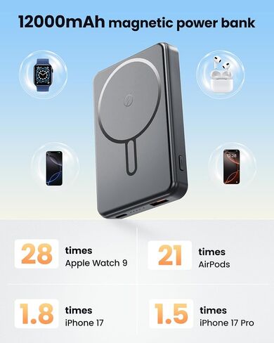 بالنسبة إلى Magsafe Power Bank 12000mAh ، 15W شاحن محمول مغناطيسي لاسلكي ، 20 واط PD الشحن السريع ، حزمة بطارية فائقة slim لجهاز iPhone 17/16/15/14/13/12 ، Travel Essential (Gray) in Kuwait