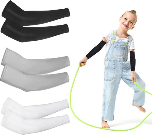 3 Pairs Kids Arm Sleeves, Sun Protection Arm Sleeves for Men Women Outdoor Sport Breathable Elastic Ice Sleeve Compression Cooling Sleeves for Youth Boys Girls Sports(Black+White+Blue) in Saudi Arabia