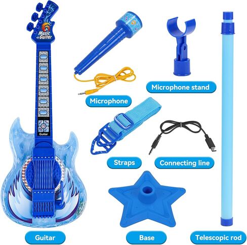 Guitar and Microphone Play Set for Girls,Karaoke Machine with Music&Light,Microphone Toys with Stand,Adjustable Height Guitar Toys for Kids,Toddlers,Child(Red) in Saudi Arabia