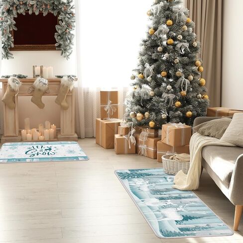 Ceenna 2 Pcs Winter Kitchen Rugs and Mats Set Snowflakes Let It Snow Reindeer Holiday Sink Floor Mat Kitchen Bathroom Mat Xmas Tree Floor Mat Decor for Home, 17 x 30, 17 x 47 Inch(Gingerbread Man) in Saudi Arabia
