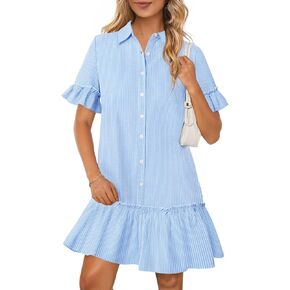 MEROKEETY Women's Summer Button Down Shirt Dress Casual Ruffle Sleeve Shift Mini Dresses with Pockets in Saudi Arabia