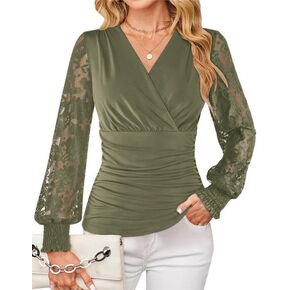 GRACE KARIN 2025 Womens Tops Wrap V Neck Shirt Lace Long Sleeve Blouses Dressy Casual Ruched Top Fall Fashion Outfits in Kuwait