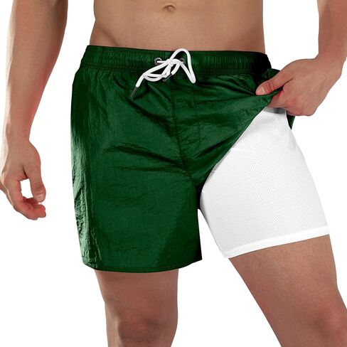 BRISIRA Mens Swim Trunks Neon 5" Bathing Suit Compression Liner Nylon Swim Shorts Beach Swimsuit Swimwear Quick Dry Pockets in Saudi Arabia