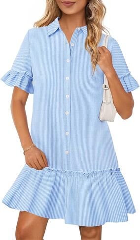 MEROKEETY Women's Summer Button Down Shirt Dress Casual Ruffle Sleeve Shift Mini Dresses with Pockets in Saudi Arabia