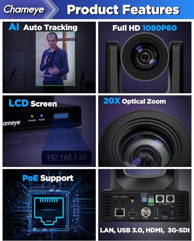 Chameye 60FPS 4K NDI PTZ Camera 20x Optical Zoom 4KP60 AI Auto-Tracking, HDMI/USB/3G-SDI/LAN/PoE for Church Worship Education Conference Events, (NDI License Included), C520 in Saudi Arabia