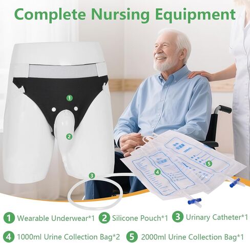 Urine Collection Bag Condom Catheters for Men Reusable Portable Wearable Urinary Drainage with (2000 ML*1+1000 ML*2) Urine Catheter Bag System (Blue-Elderly Men) in Kuwait