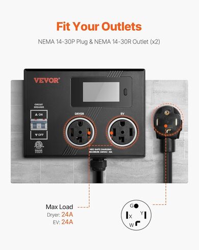 Vevor nema Splitter for Dryer و EV ، مؤشر LED 3 ألوان ، توزيع طاقة ذكي 240 فولت ، مع قابس NEMA 10-30 ، واثنين من المنافذ NEMA 10-30 ، 3.4 في شاشة LCD ، MAX 24A Dryer EV ، تم اختباره إلى ETL Standard in Saudi Arabia