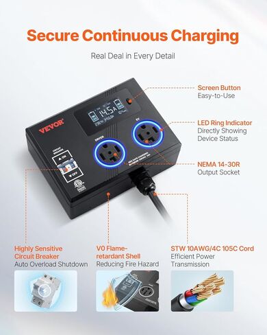 Vevor nema Splitter for Dryer و EV ، مؤشر LED 3 ألوان ، توزيع طاقة ذكي 240 فولت ، مع قابس NEMA 10-30 ، واثنين من المنافذ NEMA 10-30 ، 3.4 في شاشة LCD ، MAX 24A Dryer EV ، تم اختباره إلى ETL Standard in Saudi Arabia
