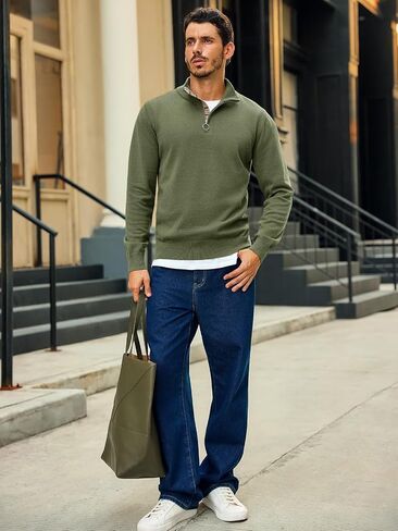 Runcati Mens Quarter Zip Pullover Sweater Lightweight Mock Neck Slim Fit Pullover Knit Swits in Saudi Arabia