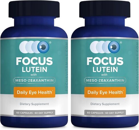 Focus Lutein for Eyes with Meso-Zeaxanthin, Eye Vitamin Supplement, 60 Count, 60 Day Supply, Daily Vision Support for Digital Screens, Bright Lights, Sunlight, Vegan and Sugar-Free, Made in USA in Kuwait