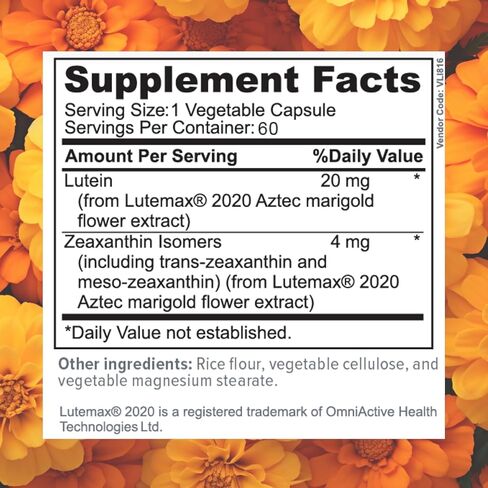 Focus Lutein for Eyes with Meso-Zeaxanthin, Eye Vitamin Supplement, 60 Count, 60 Day Supply, Daily Vision Support for Digital Screens, Bright Lights, Sunlight, Vegan and Sugar-Free, Made in USA in Kuwait