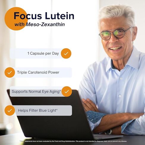 Focus Lutein for Eyes with Meso-Zeaxanthin, Eye Vitamin Supplement, 60 Count, 60 Day Supply, Daily Vision Support for Digital Screens, Bright Lights, Sunlight, Vegan and Sugar-Free, Made in USA in Kuwait