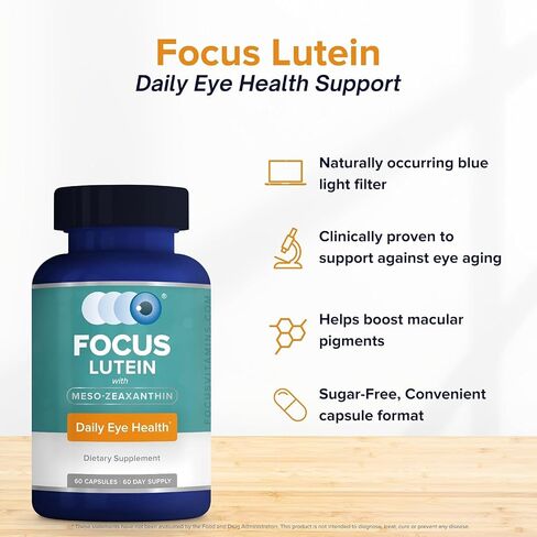 Focus Lutein for Eyes with Meso-Zeaxanthin, Eye Vitamin Supplement, 60 Count, 60 Day Supply, Daily Vision Support for Digital Screens, Bright Lights, Sunlight, Vegan and Sugar-Free, Made in USA in Kuwait