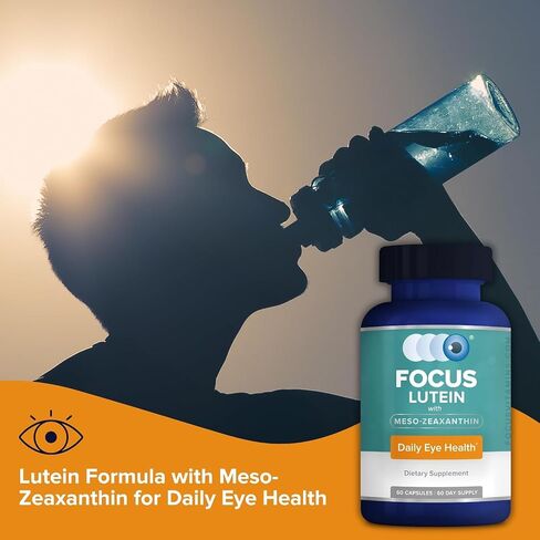 Focus Lutein for Eyes with Meso-Zeaxanthin, Eye Vitamin Supplement, 60 Count, 60 Day Supply, Daily Vision Support for Digital Screens, Bright Lights, Sunlight, Vegan and Sugar-Free, Made in USA in Kuwait
