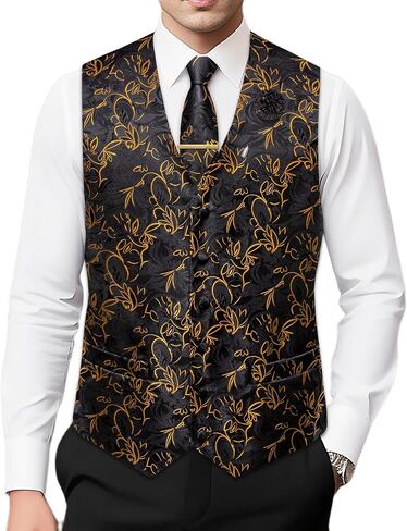 Hi-Tie Mens Silk Vest Set 6 PCS Dress Vest and Tie Pocket Square Lapel Pin for Work Wedding Business in Saudi Arabia