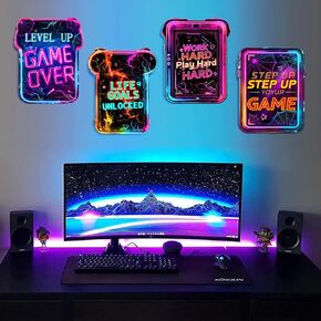 Gaming Wall Decor for Boys Room Video Game Walls Art Sign Wooden Art Print | 4 Pcs Gamer Room Hanging Sign, Neon Game Controller Wood Art Print, Inspirational Quote Plaque, for Teenage Playroom Bedroom in Saudi Arabia