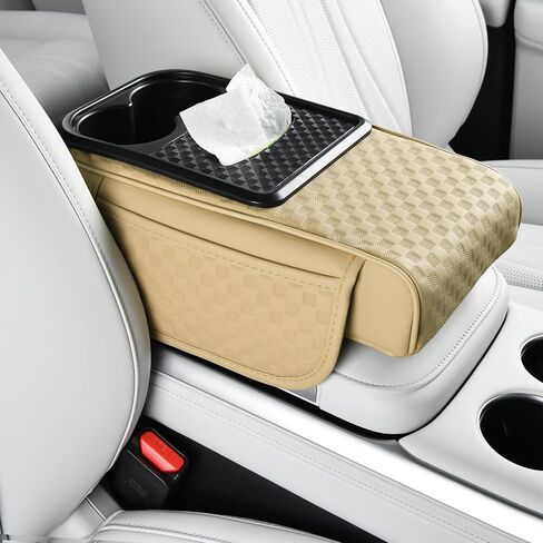 Car Center Console Cover, Armrest Cover for Storing Water Cups, Tissues, Cards, and Phones, 4-in-1 Center Cover with Soft Leather and High Resilience Memory Foam (Black) in Saudi Arabia