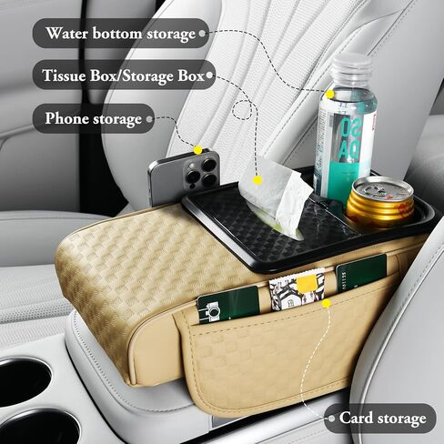 Car Center Console Cover, Armrest Cover for Storing Water Cups, Tissues, Cards, and Phones, 4-in-1 Center Cover with Soft Leather and High Resilience Memory Foam (Black) in Saudi Arabia